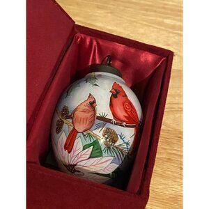 Bent Brush Art Signed Hand-Painted Cardinal Poinsettia Glass Christmas Ornament